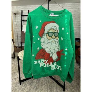 Jerzees Green Happy Holla Days Ugly Christmas Sweater Sweatshirt Tacky Size L
